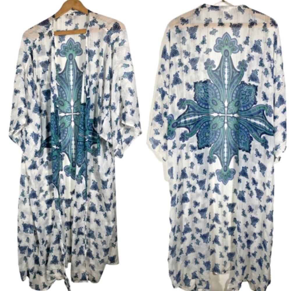 Dizzire Sheer Kimono Wrap Cover Up Long 1X White Blue Sheer Gypsy Boho Festival